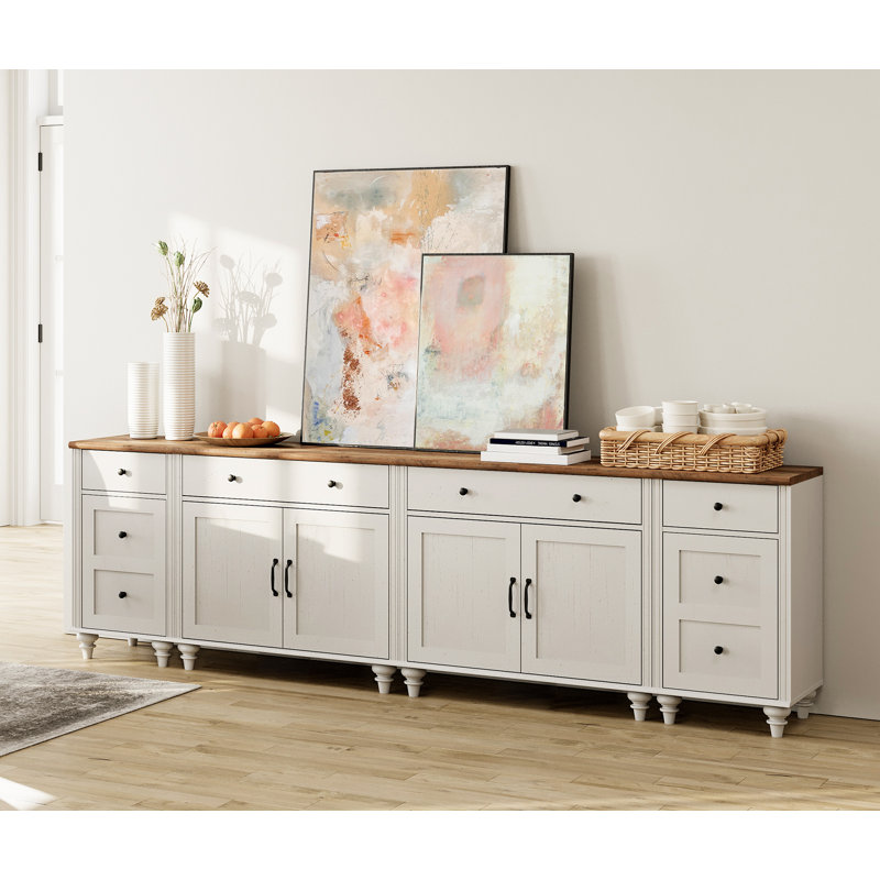 Charlton Home Doeinck Kitchen Buffet Sideboard Cabinet With 2 Drawers And 4 Doors Mid Century Cupboard End Table With Charging Station 4 In 1 Console Table Entertainment Center For Living Room Dining ...